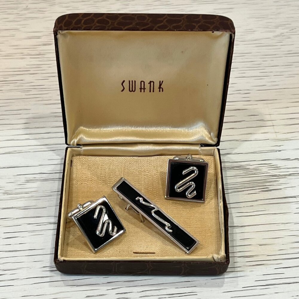 Vintage Swank Cufflinks & Tie Clip Black & Silver Classic in Original Box